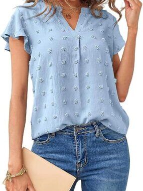 Women's Blue Summer V Neck Ruffle Dot Flowy Shirt Short Sleeve casual Blouses